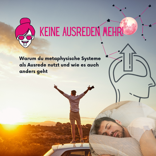 Schlafender Mann-Mann auf Auto-Vollmond-Frau als Grafik streckt Zunge raus-Überschrift