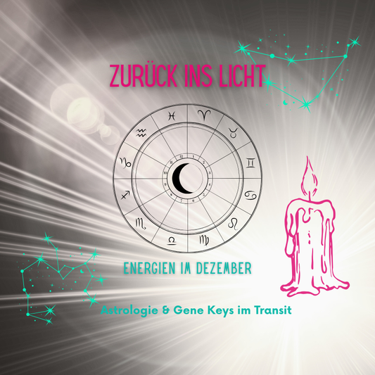 Lichtstrahl im Hintergrund, mittig ein Rad mit astrologischen Zeichen, die Sternbilder Schütze und Steinbock und die Überschrift Zurück ins Licht Kerze Dezember Energien