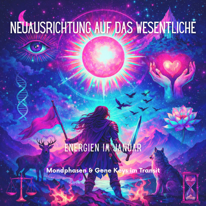 Frau mit Schwert bereit, in den Kampf zu ziehen, leuchtende Farben, mystische Symbole wie Sonne, Auge, Herz, Wolf
