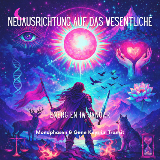 Frau mit Schwert bereit, in den Kampf zu ziehen, leuchtende Farben, mystische Symbole wie Sonne, Auge, Herz, Wolf