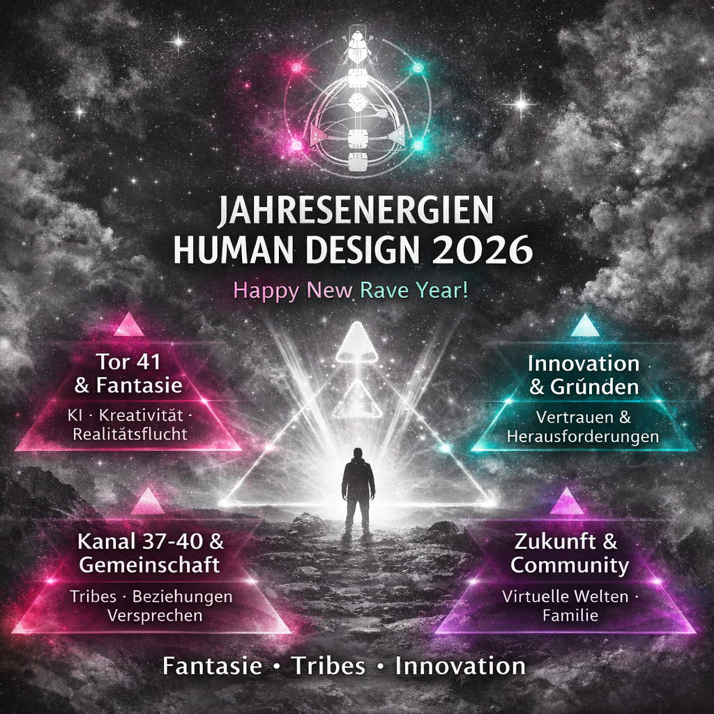 Jahresenergien Human Design Energien in Graustufen mit farblichen Akzenten und den Themen Fantasie, Gemeinschaften, Community, Innovation Mann steht vor Licht