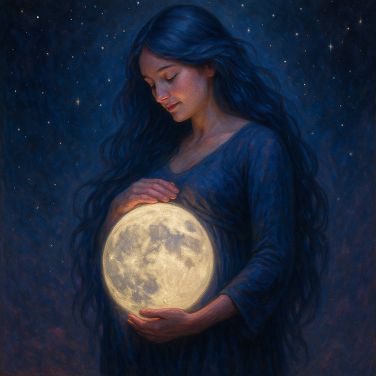 Frau die liebevoll auf einen Vollmond in ihren Händen blickt - sie könnte mit dem Mond schwanger sein - Nacht